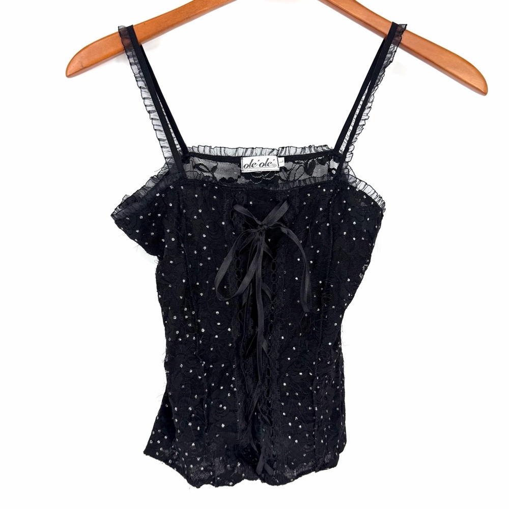 ✨ 90s Ole' Ole' Sheer Black Floral Lace Ruffle Rhinestone Spaghetti Cami Top XS